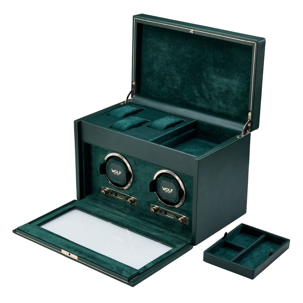 WOLF British Racing Green Double Watch Winder with Storage 792241