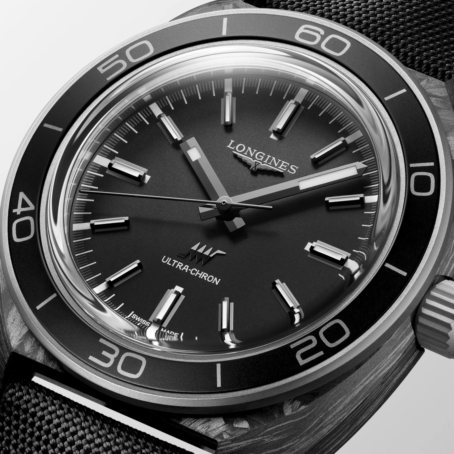 Longines Ultra-Chron Carbon 43mm Black Nylon Strap Men's Watch L28394522