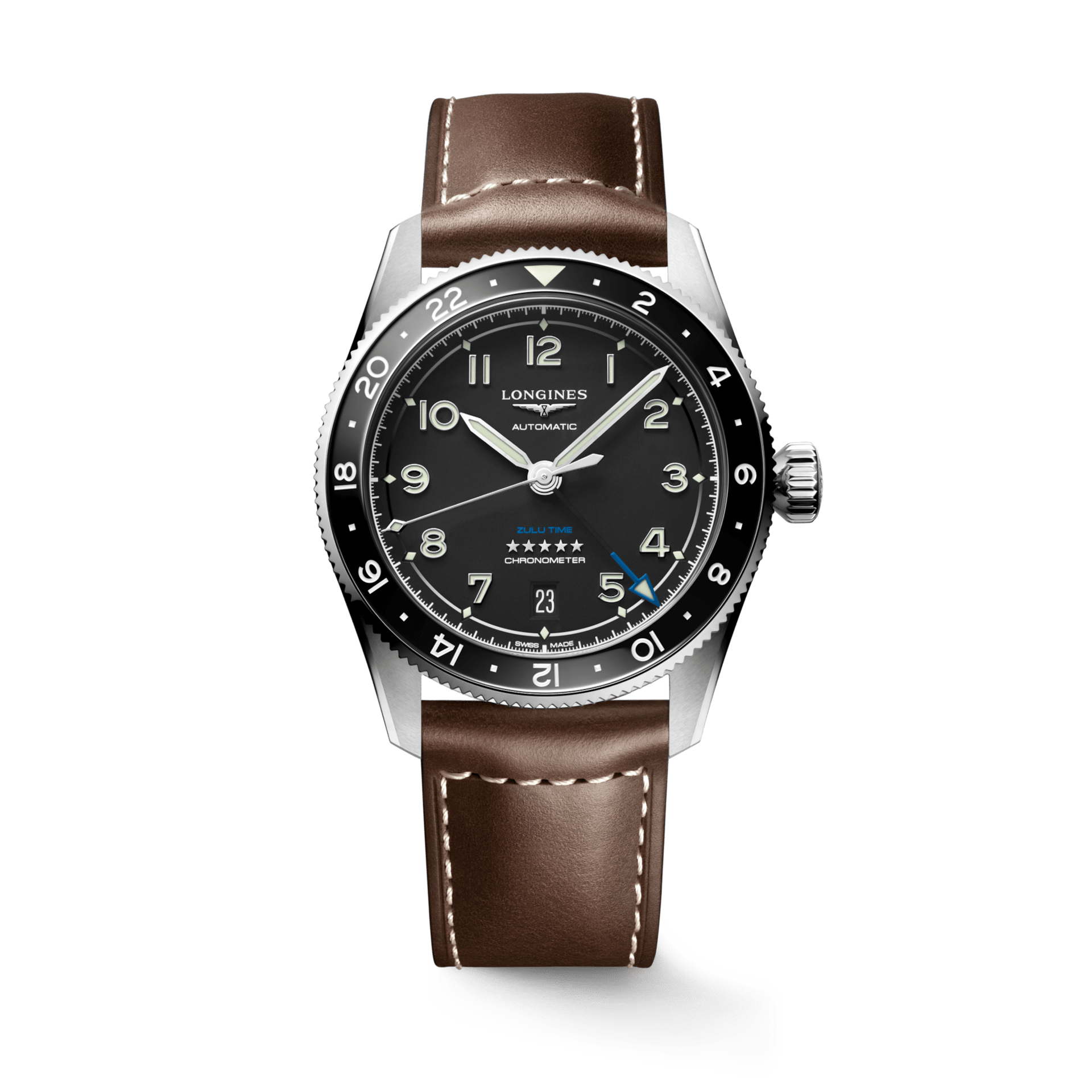 Longines Spirit Zulu Time 39mm Black Dial GMT Leather Men's Watch L38024532