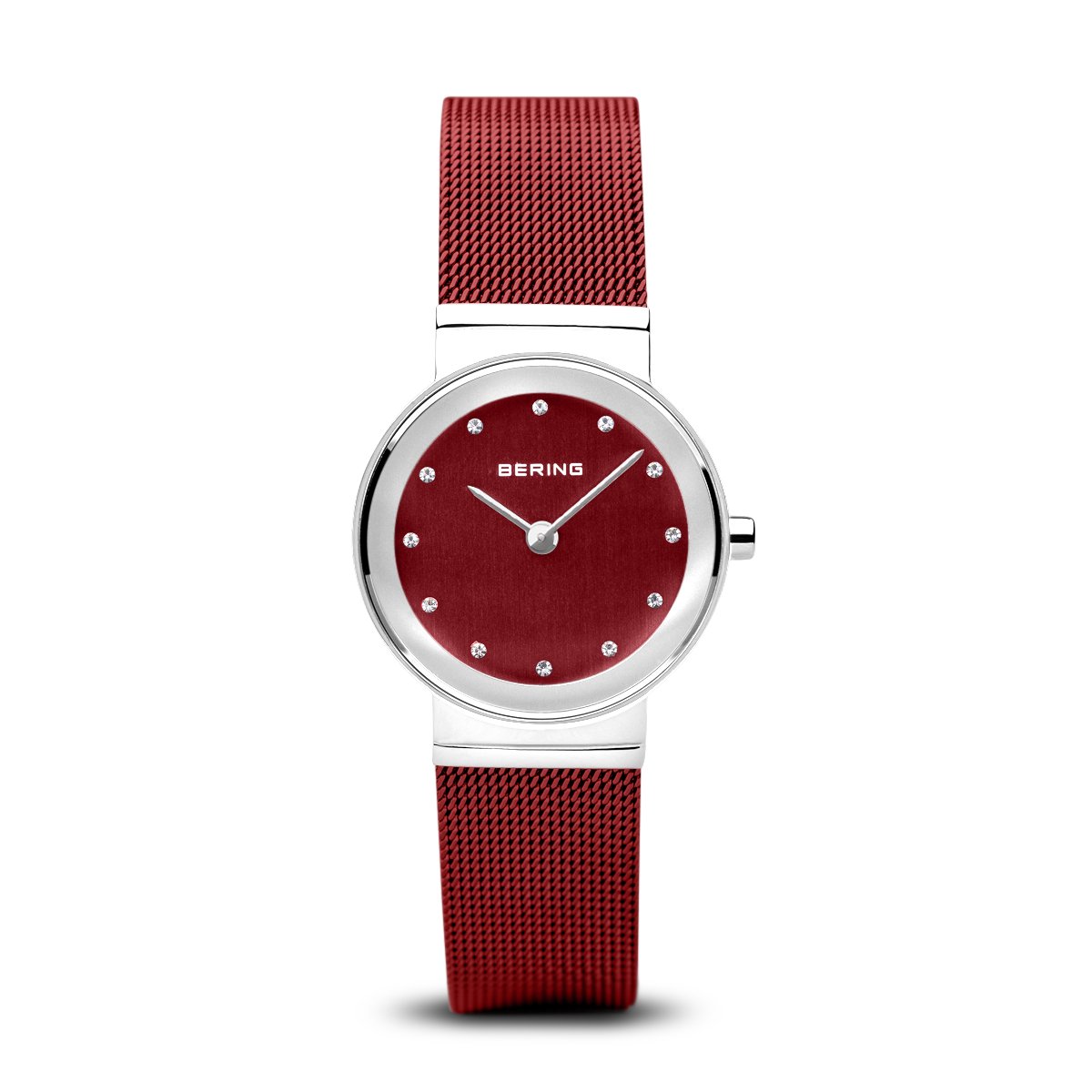 BERING Classic 26mm Polished Silver Milanese Strap Red Women's Watch 10126-303