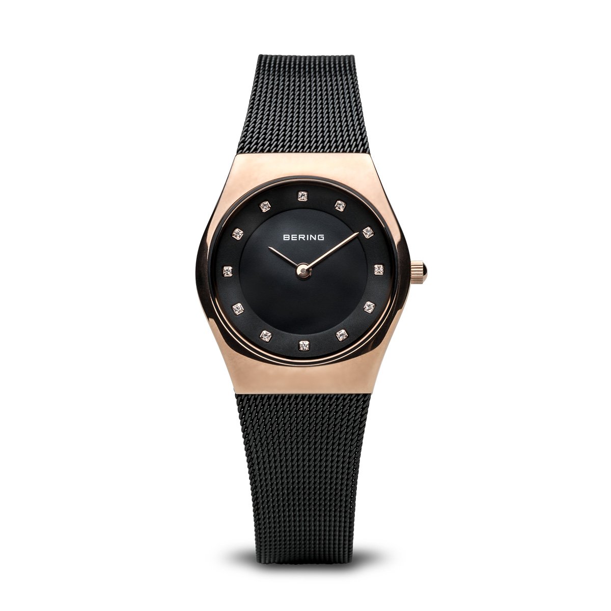 BERING Classic 27mm Polished Rose Gold Case Black Mesh Band Women's Watch 11927-166