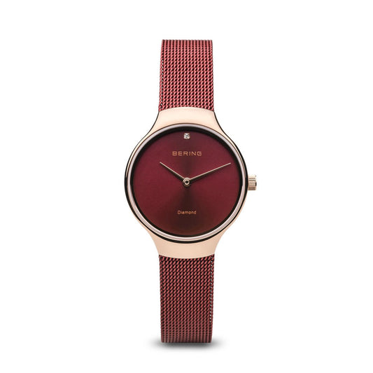 BERING Charity 26mm Polished Rose Gold Milanese Strap Red Women's Watch 13326-Charity