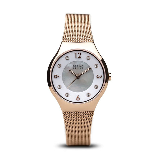 BERING Solar Polished Rose Gold Slim Mesh Rose Gold Band Women's Watch 14427-366