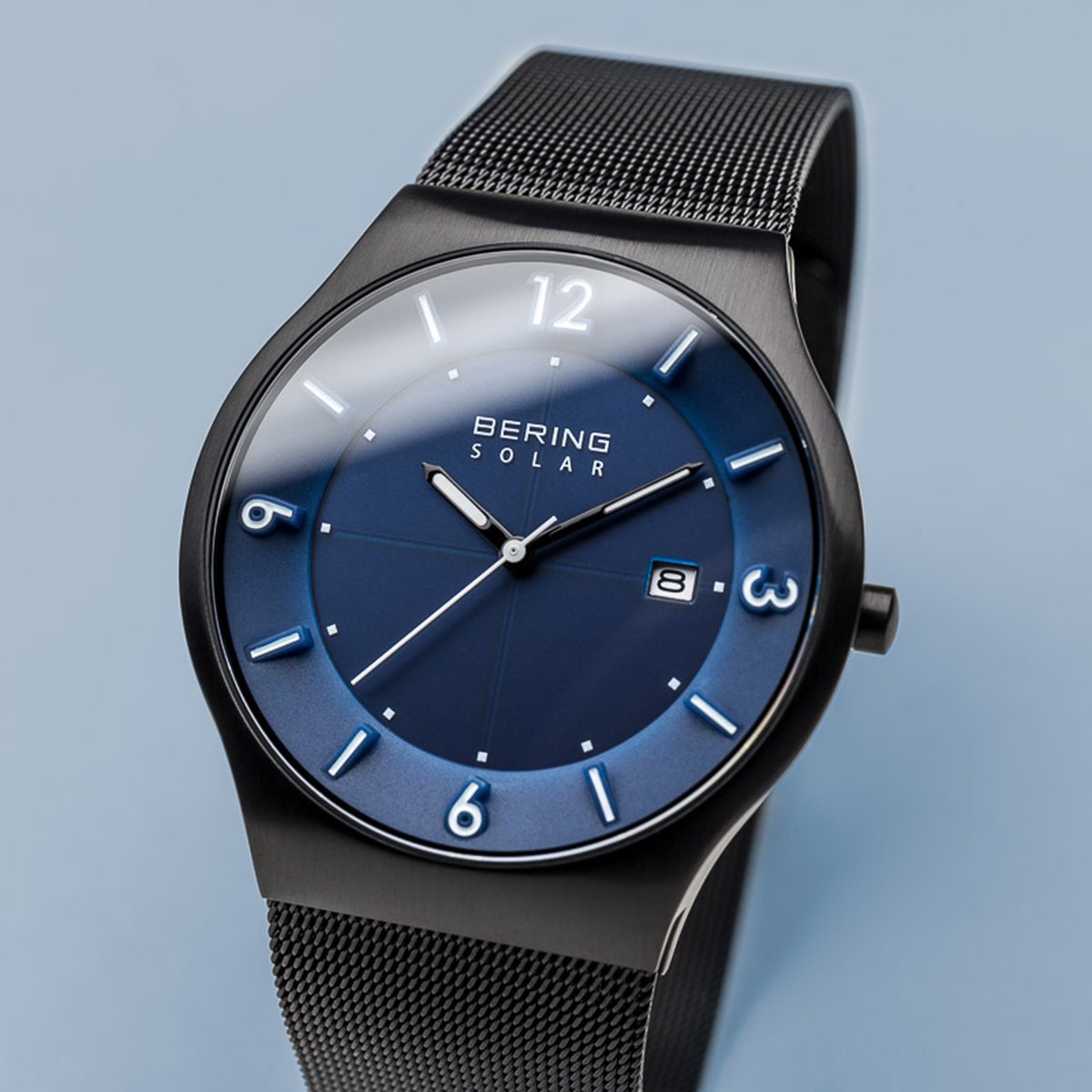 BERING Solar 40mm Brushed Black Case Blue Dial Men's Watch 14440-227