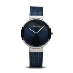 BERING Classic Polished Silver Blue Stainless Steel Mesh Band Women's Watch 14531-307