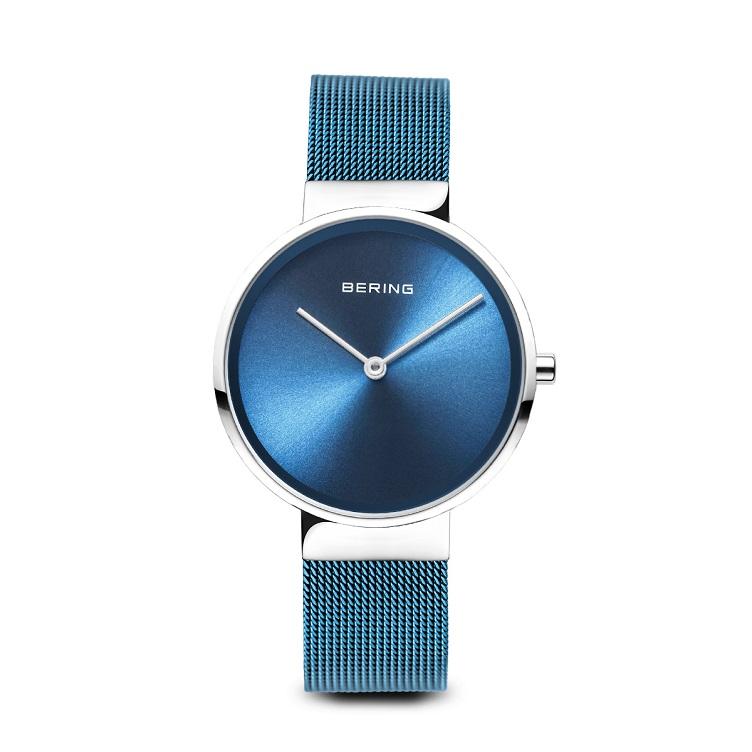 BERING Classic 31mm Polished Silver Milanese Strap Blue Women's Watch 14531-308