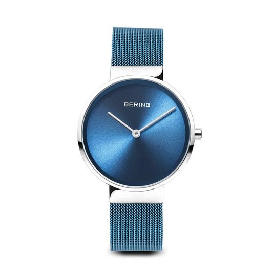 BERING Classic 31mm Polished Silver Milanese Strap Blue Women's Watch 14531-308