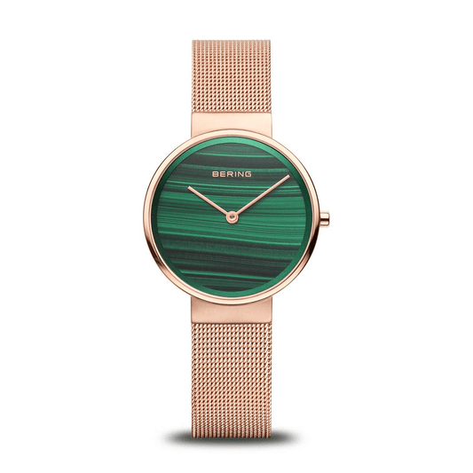 BERING Classic Rose Gold Wavy Green Dial Women's Watch 14531-368