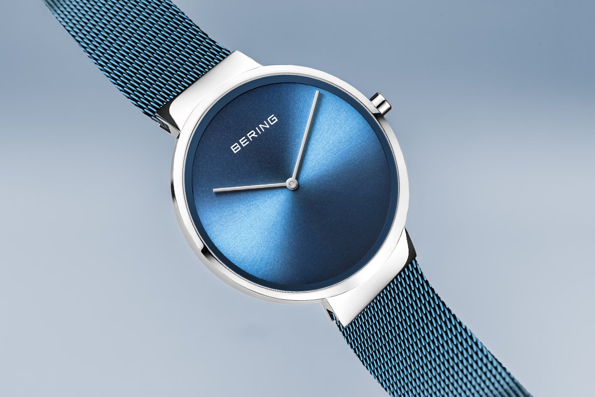 BERING Classic 39mm Polished Silver Milanese Strap Blue Men's Watch 14539-308