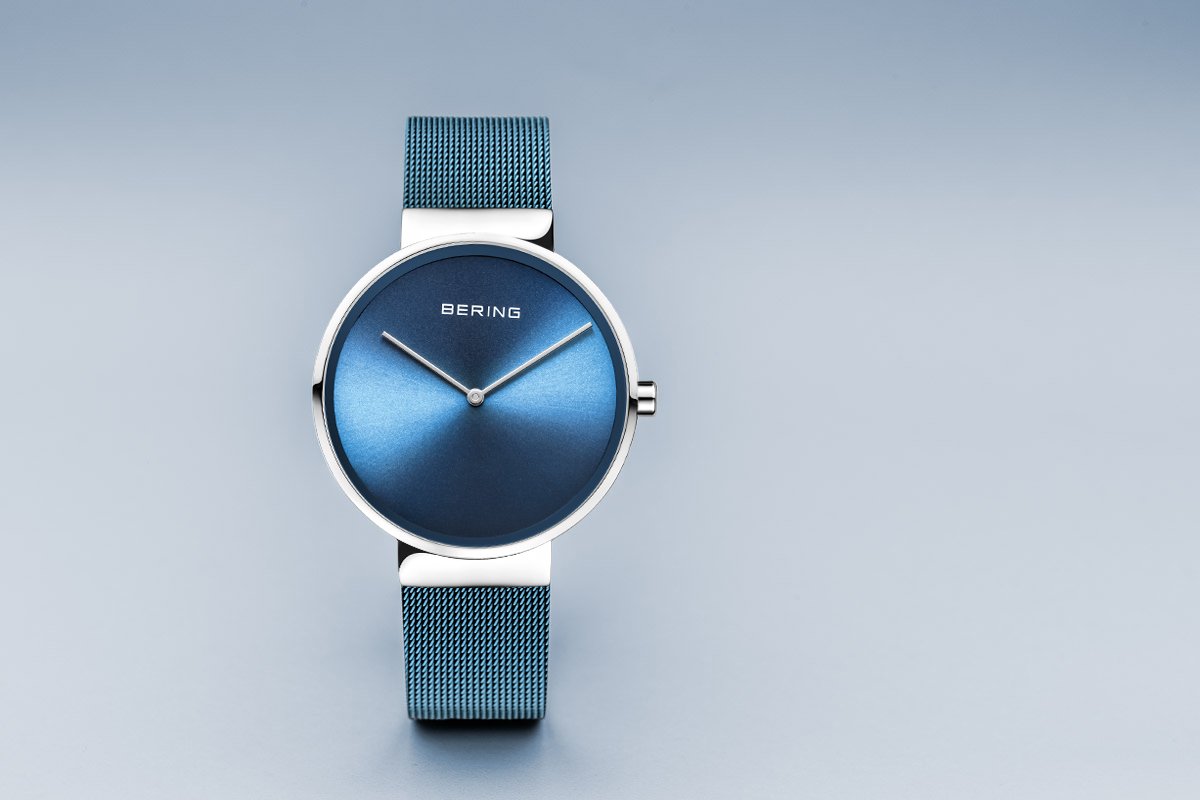 BERING Classic 39mm Polished Silver Milanese Strap Blue Men's Watch 14539-308