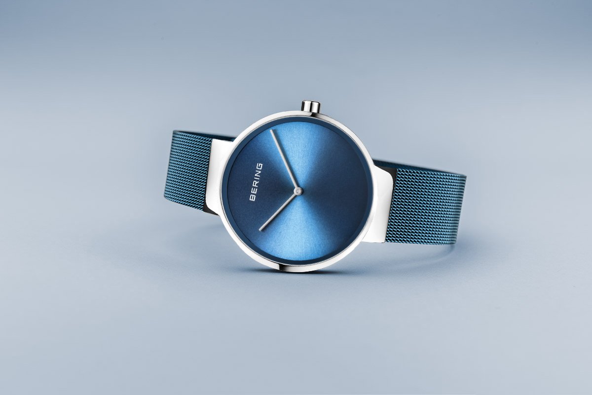 BERING Classic 39mm Polished Silver Milanese Strap Blue Men's Watch 14539-308
