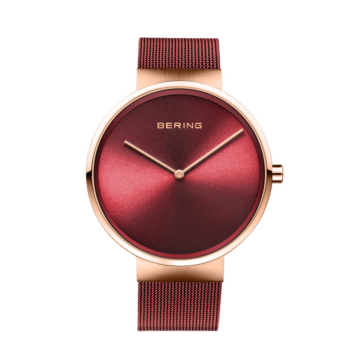 BERING Classic 39mm Polished Rose Gold Milanese Strap Red Men's Watch 14539-363