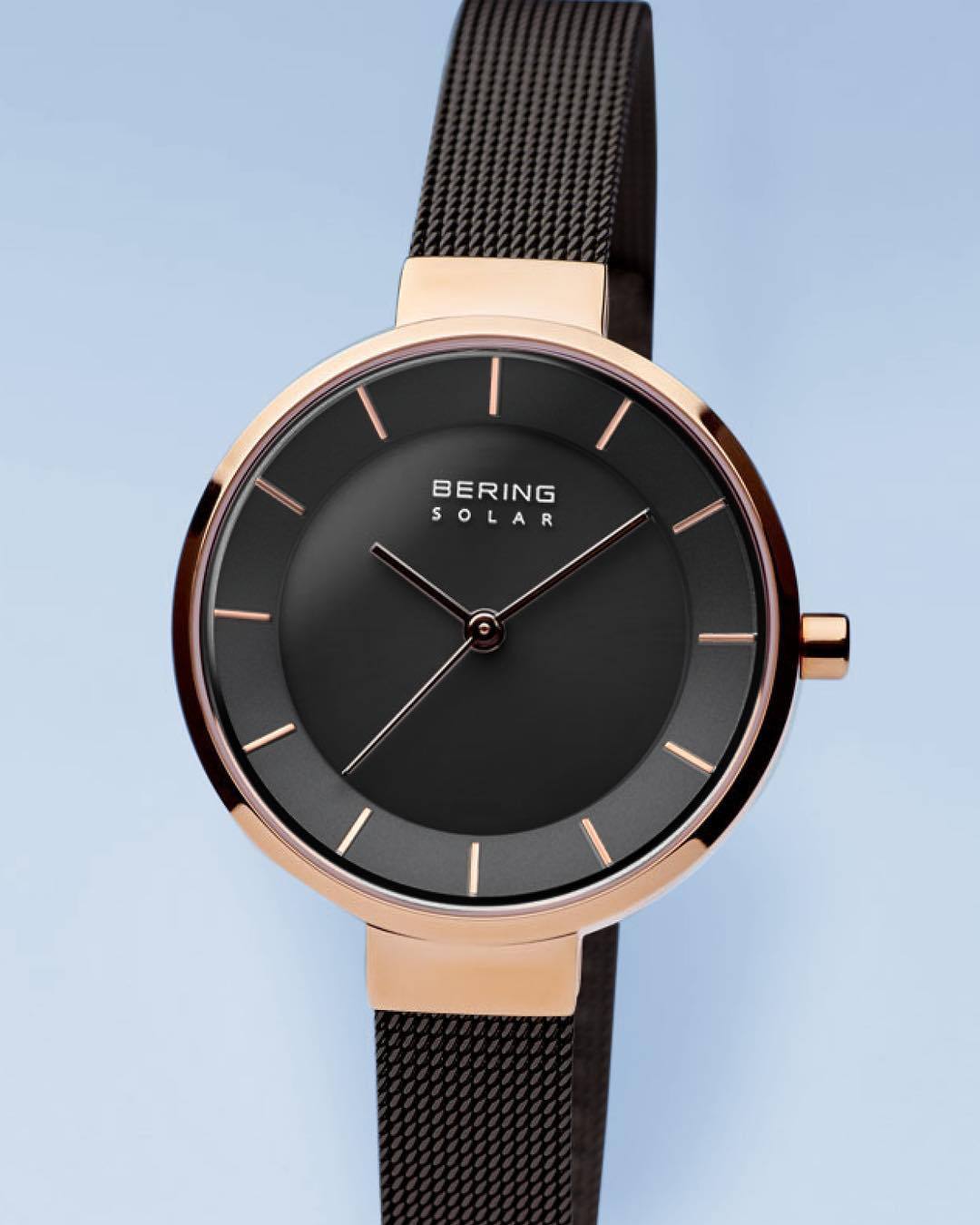 BERING Solar 31mm Polished Rose Gold Black Mesh Strap Women's Watch 14631-166