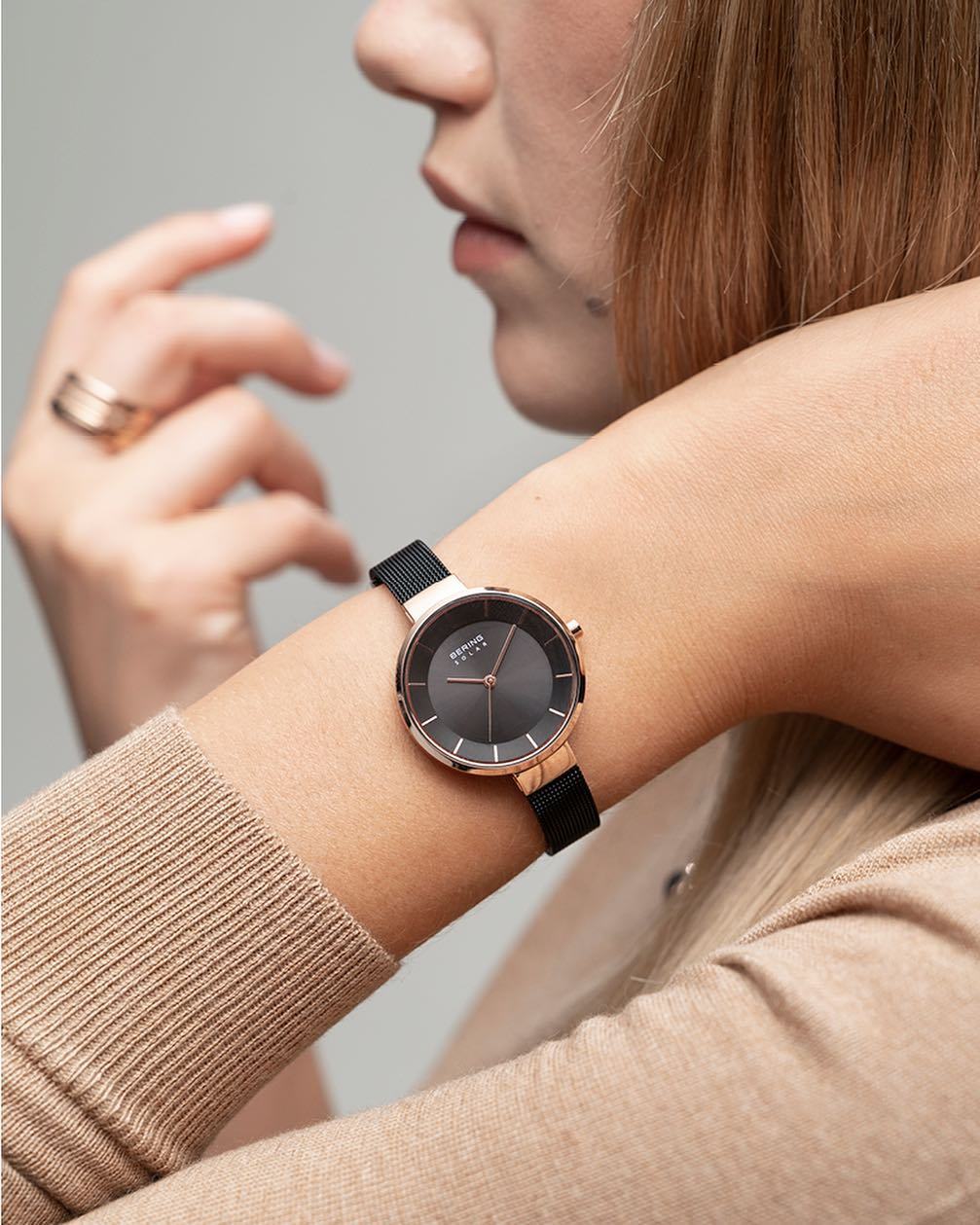 BERING Solar 31mm Polished Rose Gold Black Mesh Strap Women's Watch 14631-166