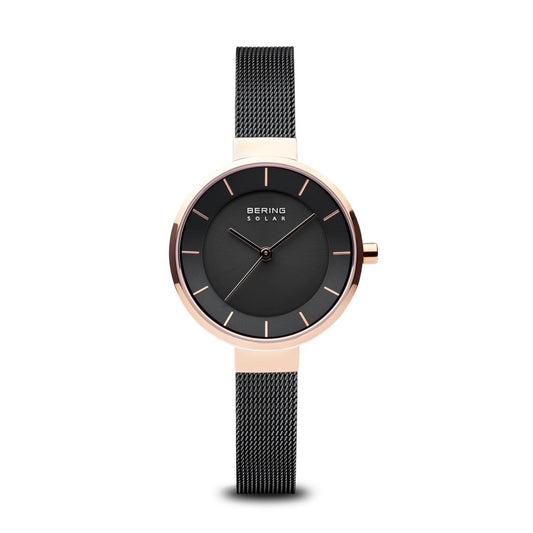 BERING Solar 31mm Polished Rose Gold Black Mesh Strap Women's Watch 14631-166