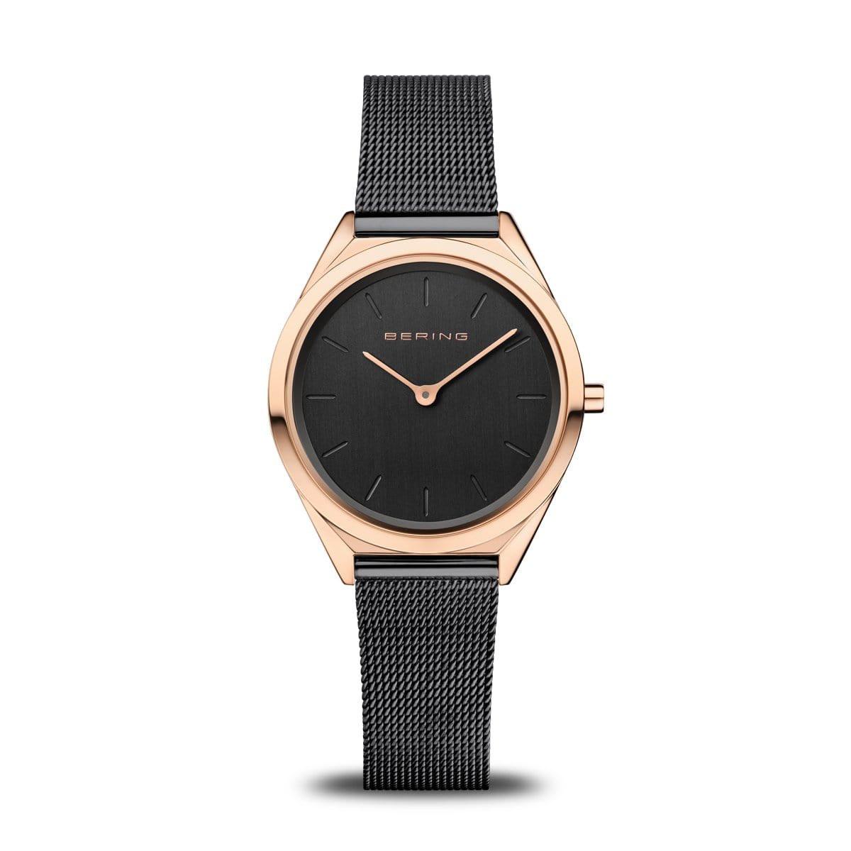 BERING Ultra Slim 31mm Polished Rose Gold Case Black Mesh Strap Women's Watch 17031-166