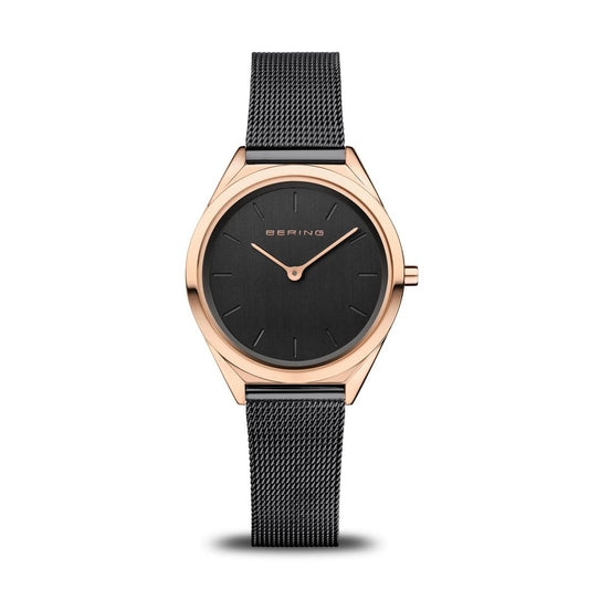 BERING Ultra Slim 31mm Polished Rose Gold Case Black Mesh Strap Women's Watch 17031-166