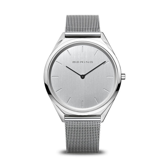 BERING Ultra Slim 39mm Polished Case Silver Mesh Strap Unisex Watch 17039-000