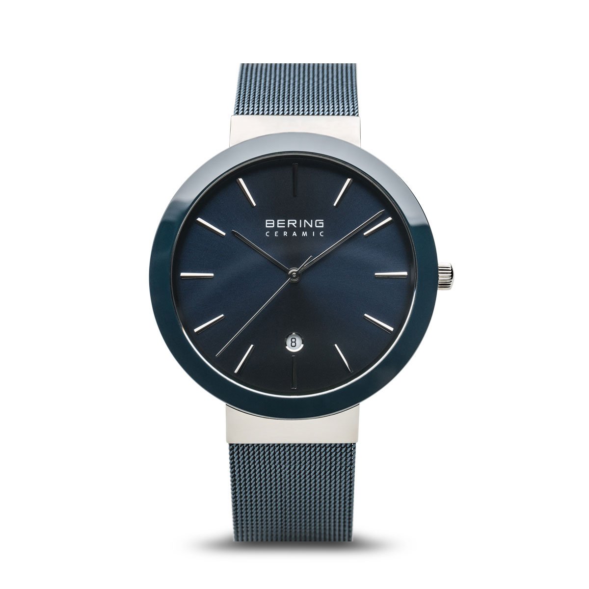 BERING Ceramic 40mm Polished Silver Case Blue Mesh Band Women's Watch 11440-387