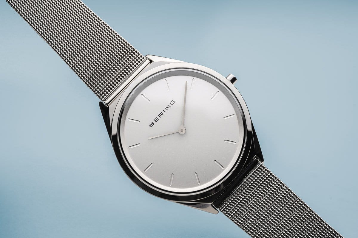 BERING Ultra Slim 39mm Polished Case Silver Mesh Strap Unisex Watch 17039-000