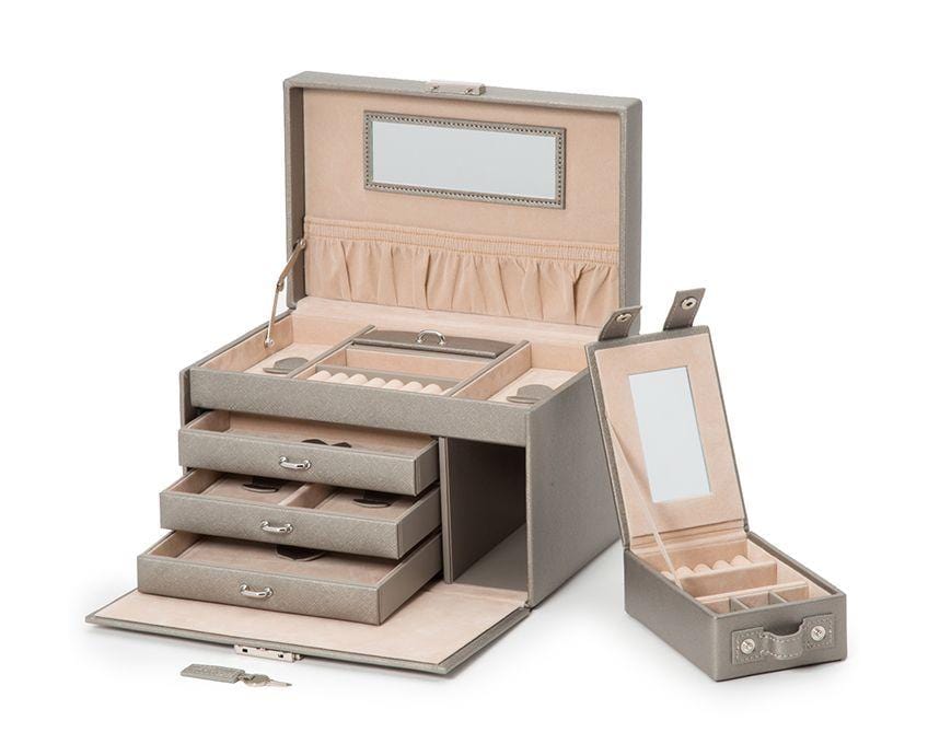 WOLF 280034 Pewter Saffiano Heritage Large Jewelry Box With Travel Case