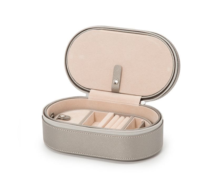 WOLF 280634 Oval Pewter Saffiano Zip Travel Case With Zip Closure