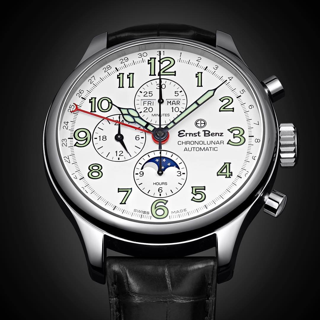 Ernst Benz GC10312 Men's Automatic Watch 47mm ChronoLunar White Dial Black Matte Leather Strap Swiss Made