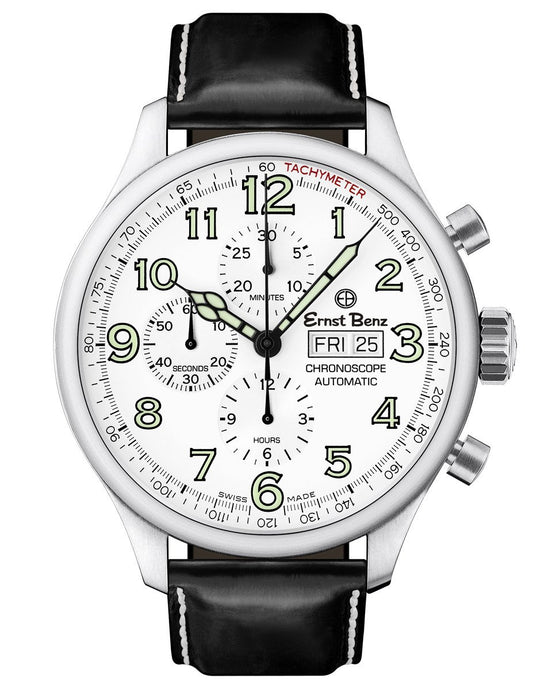 Ernst Benz GC10112 Men's 47mm Automatic Watch Traditional ChronoScope White Dial Black Classic Leather Strap