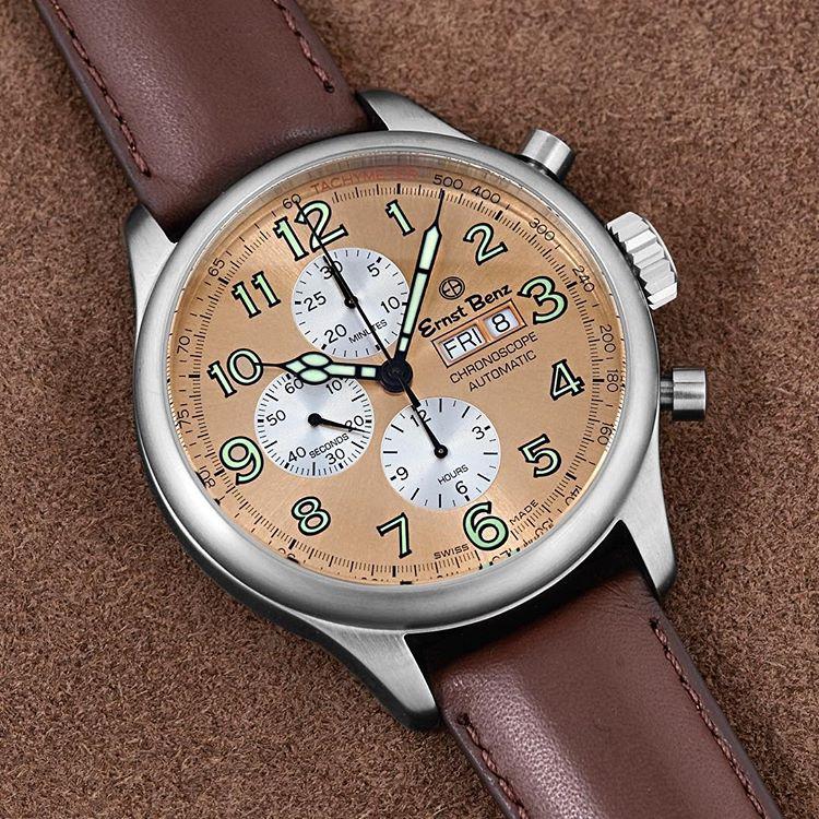 Ernst Benz GC10113 Men's Brown 47mm Automatic Watch Traditional ChronoScope Copper Dial Brown Classic Leather Strap Chronograph