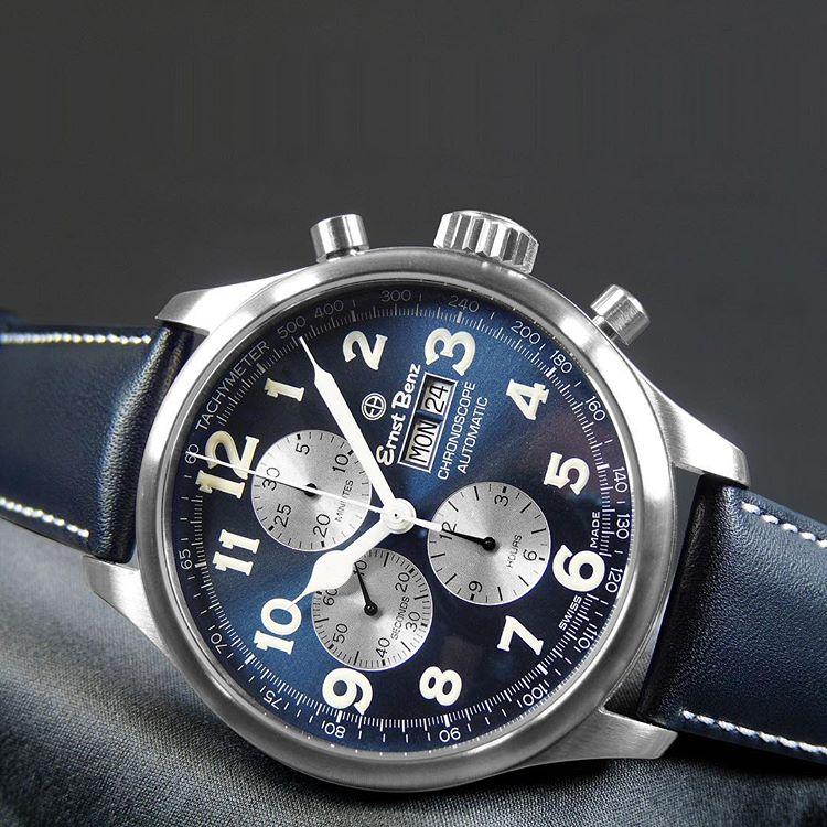 Ernst Benz ChronoScope 47mm Automatic Swiss Chronograph Blue Dial Blue Leather Band Men's Watch GC10114
