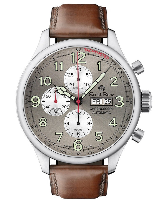 Ernst Benz GC10115 Men's 47mm Automatic Watch Slate Gray Dial Traditional Brown Leather Strap