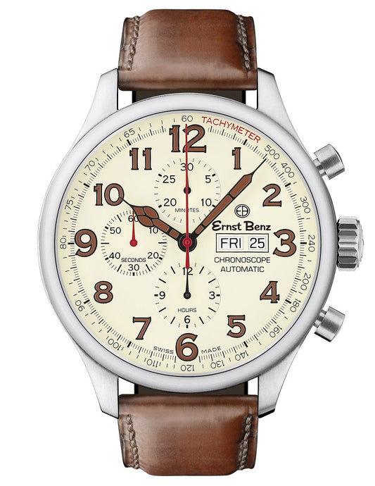 Ernst Benz Chronoscope 47mm Automatic Parchment Dial Brown Leather Band Men's Watch GC10118