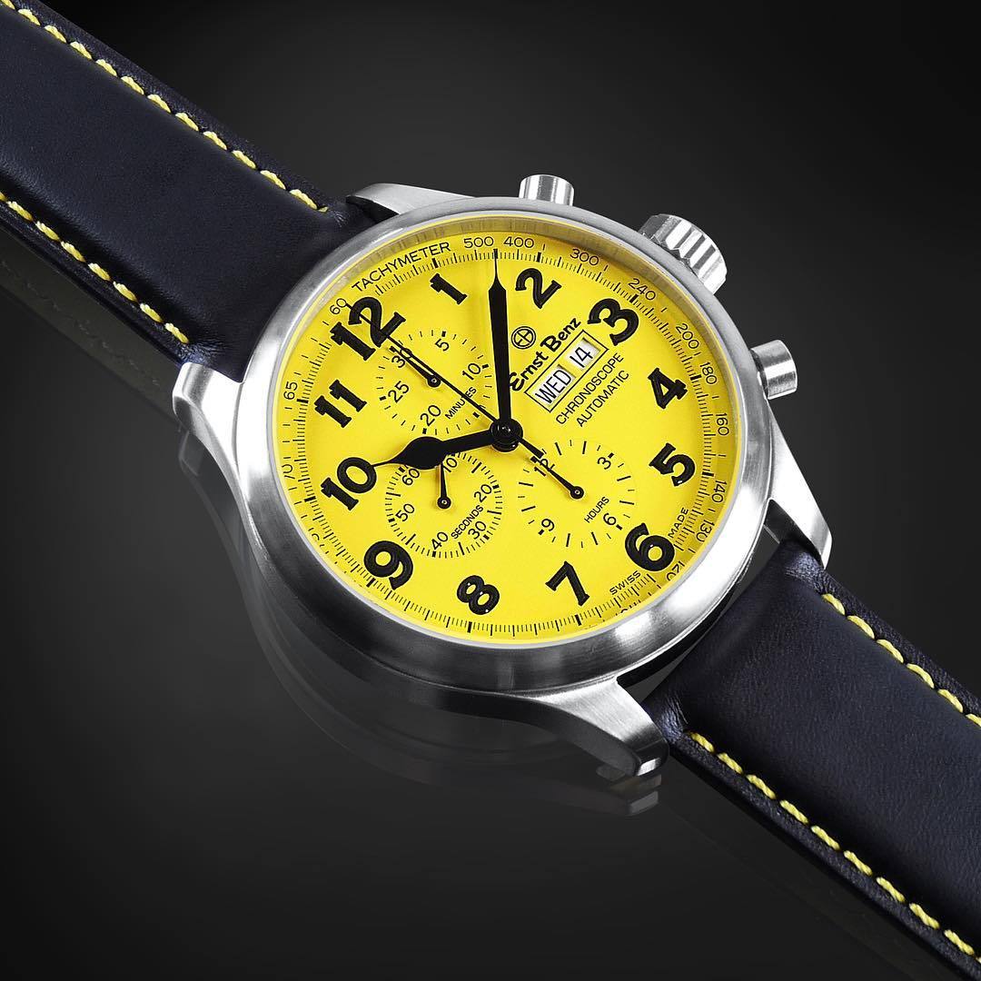 Ernst Benz GC10119 Men's Watch Yellow Dial 47mm Traditional Chronograph Black Handmade Strap