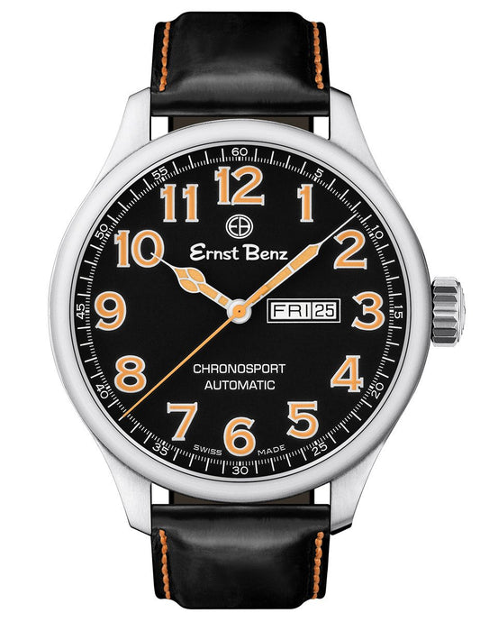 Ernst Benz Chronosport Orange Numerals Black Leather Band 47mm Men's Automatic Watch GC10216