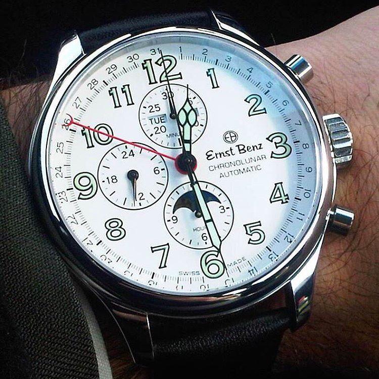 Ernst Benz GC10312 Men's Automatic Watch 47mm ChronoLunar White Dial Black Matte Leather Strap Swiss Made