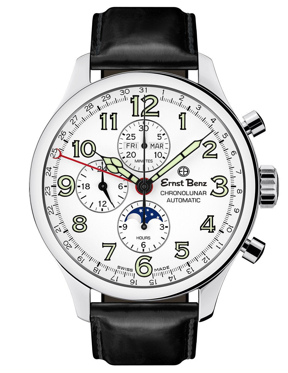 Ernst Benz GC10312 Men's Automatic Watch 47mm ChronoLunar White Dial Black Matte Leather Strap Swiss Made