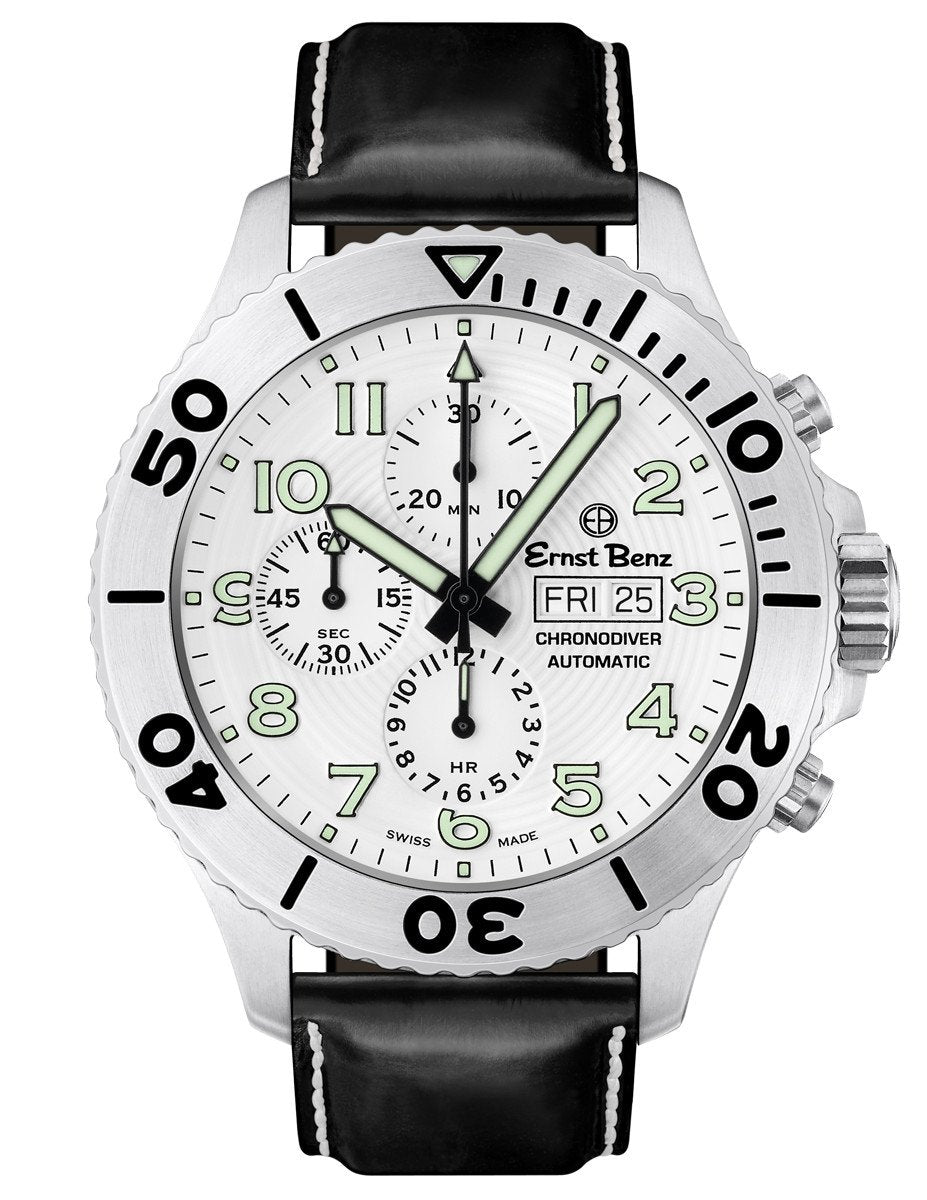 Ernst Benz Chronodiver 47mm White Dial Black Leather Band Men's Watch GC10722