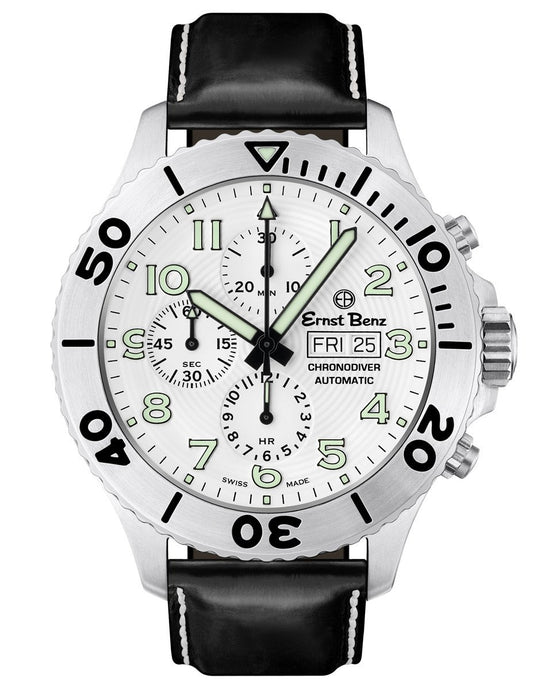 Ernst Benz Chronodiver 47mm White Dial Black Leather Band Men's Watch GC10722
