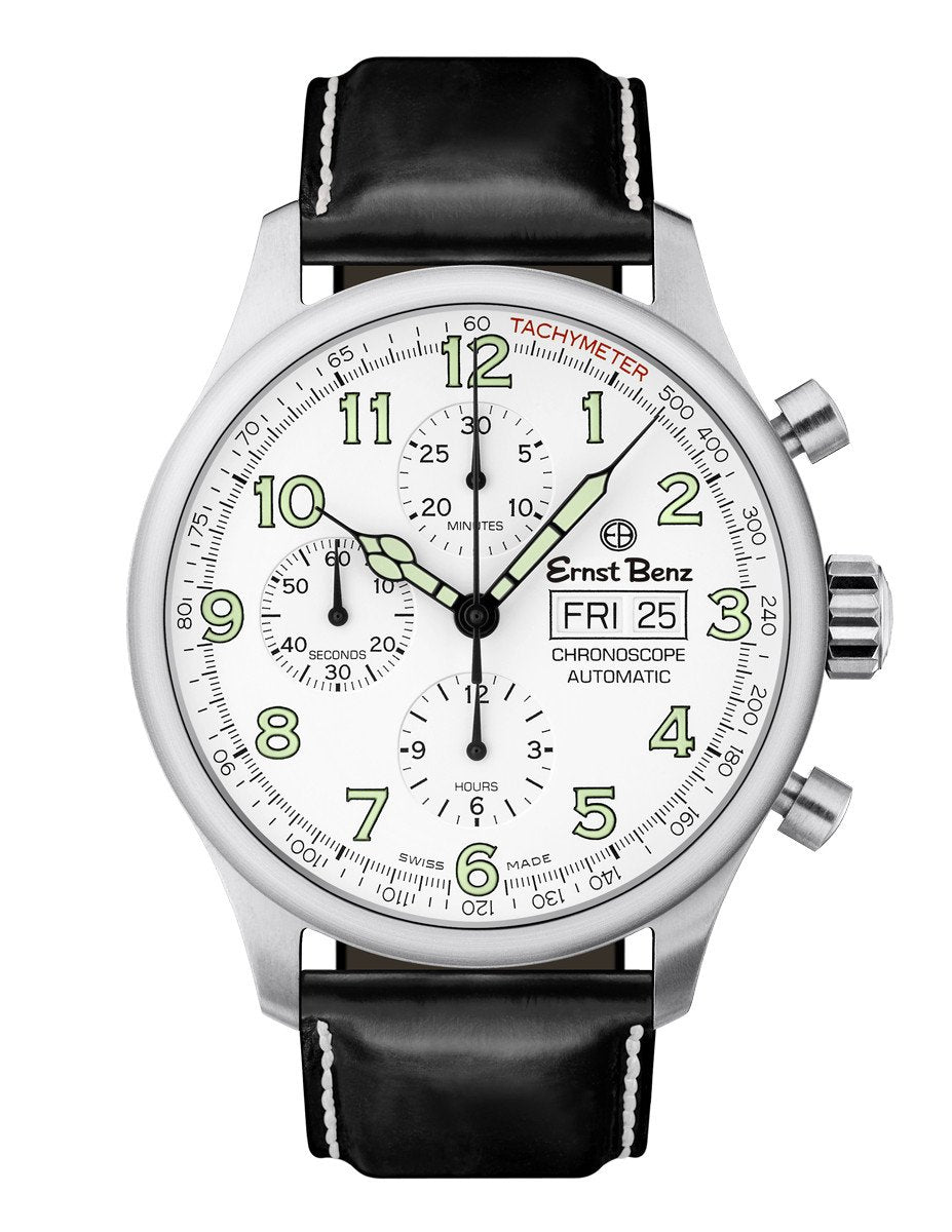 Ernst Benz Chronoscope 44mm White Dial Black Leather Band Men's Watch GC40112