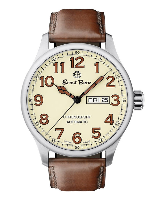 Ernst Benz Chronosport Parchment Dial Brown Leather Band 44mm Men's Automatic Watch GC40218