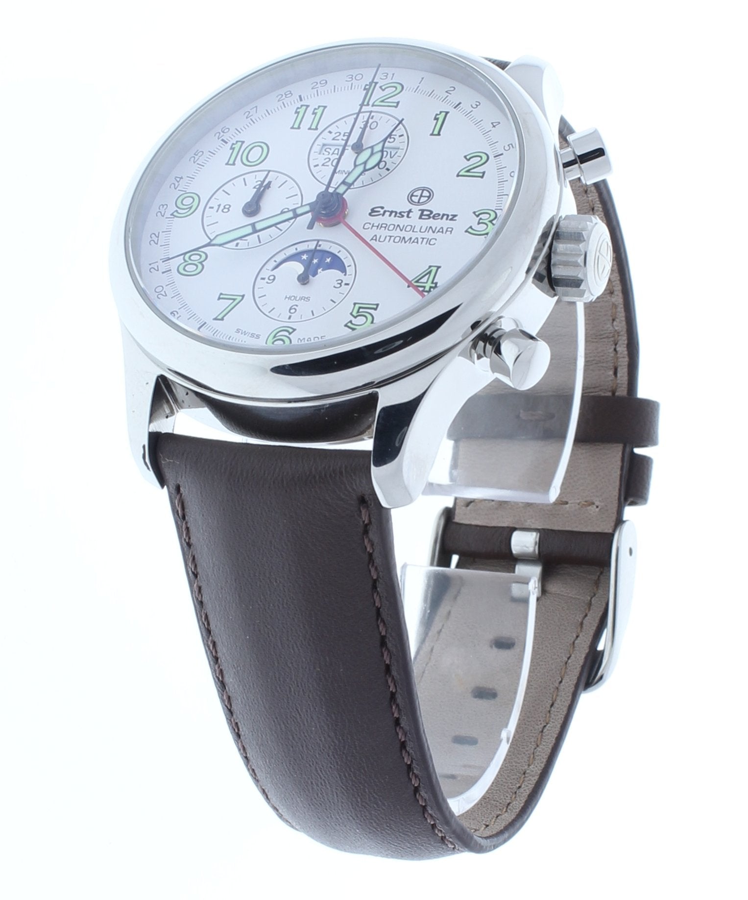 Ernst Benz Chronolunar 44mm Chronograph Automatic White Dial Dark Brown Leather Band Men's Watch GC40312