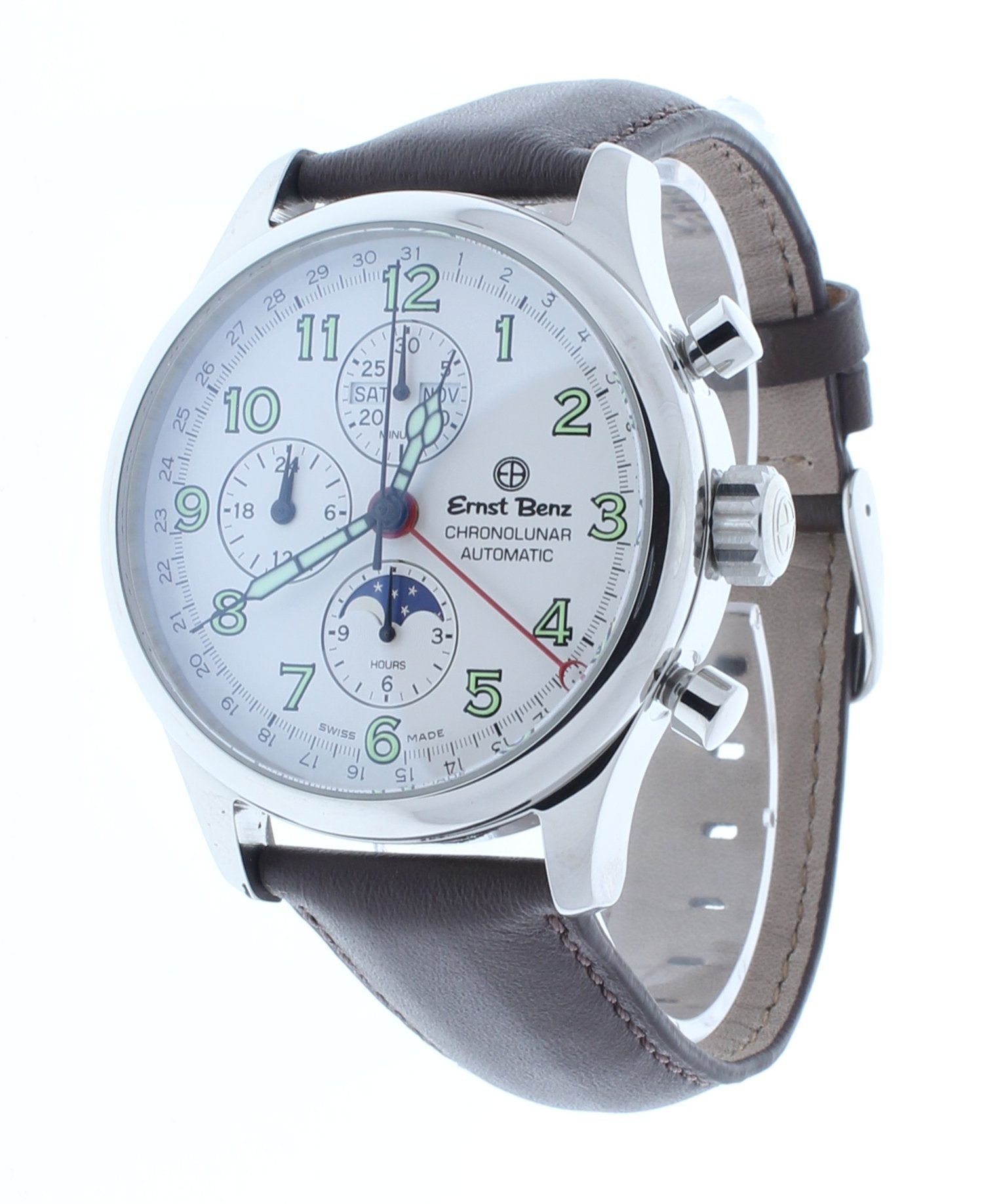 Ernst Benz Chronolunar 44mm Chronograph Automatic White Dial Dark Brown Leather Band Men's Watch GC40312