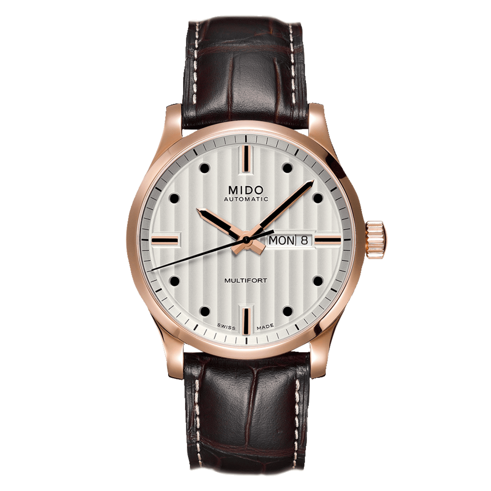Mido Multifort Classic Rose Gold Bezel Brown Strap Men's Watch M0054303603180
