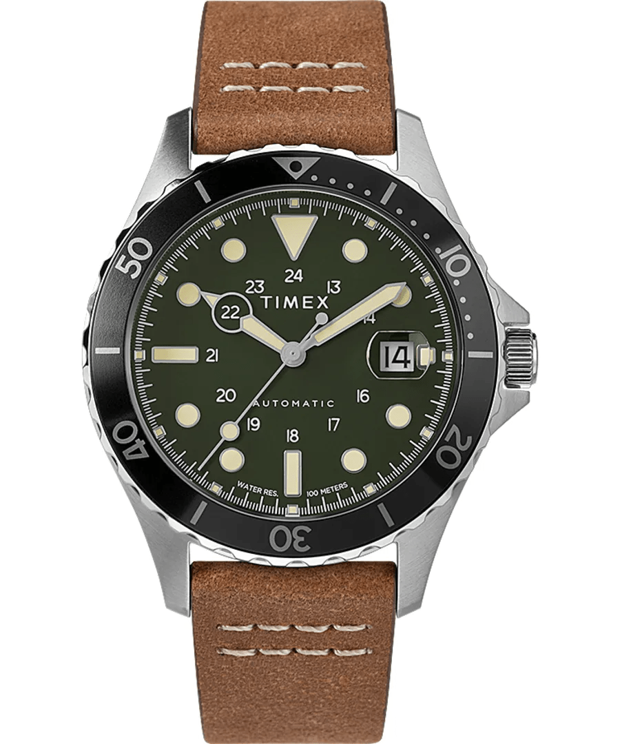 Timex Navi XL Automatic 41mm Green Dial Brown Leather Strap Men's Watch TW2U09800