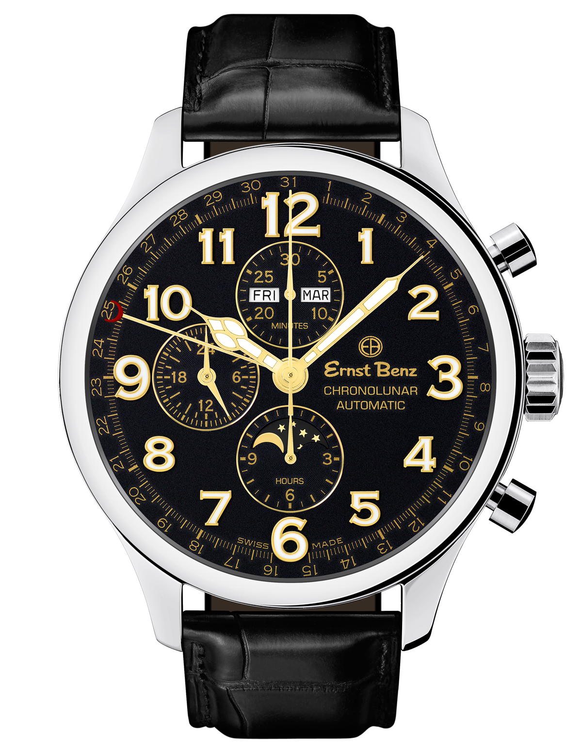 Ernst Benz Chronolunar Officer 47mm Black Dial Gold Hands Men's Watch GC10383