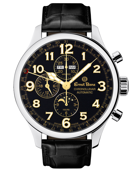 Ernst Benz Chronolunar Officer 47mm Black Dial Gold Hands Men's Watch GC10383