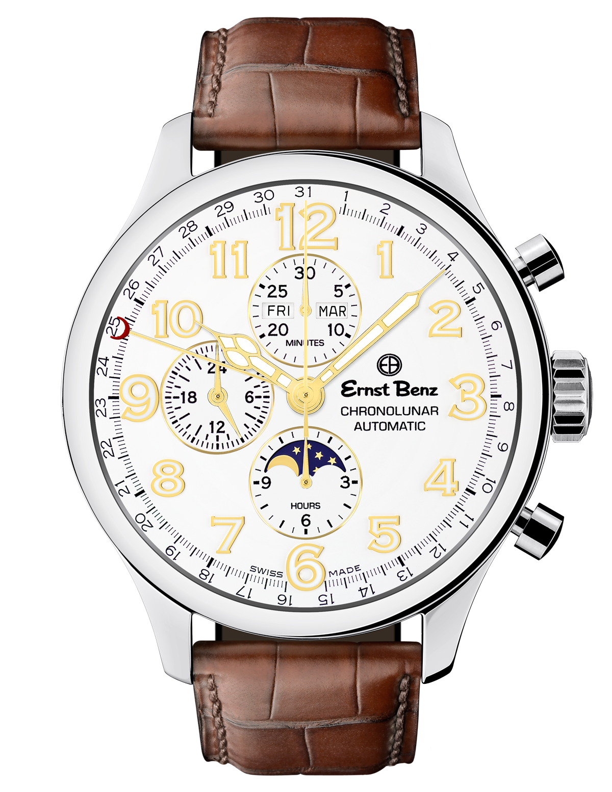 Ernst Benz Chronolunar Officer 47mm White Dial Gold Hands Men's Watch GC10384