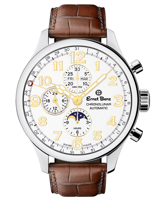 Ernst Benz Chronolunar Officer 47mm White Dial Gold Hands Men's Watch GC10384