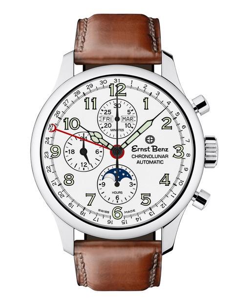 Ernst Benz Chronolunar 44mm Chronograph Automatic White Dial Dark Brown Leather Band Men's Watch GC40312