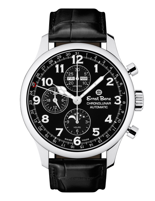 Ernst Benz Chronolunar Officer 44mm Steel Hands Black Dial Men's Watch GC40381